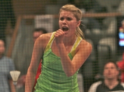 Carola Bott screams in celebration.